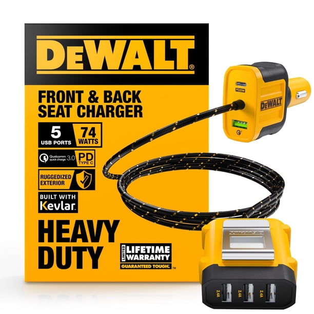Cargador de Coche DEWALT 72W USB C de 5 Puertos en Negro con Carga Rápida PD y QC3.0