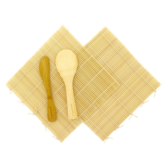 BambooMN Sushi Making Kit 2x Natural Bamboo Rolling Mats, 1x Rice Paddle, 1x Spreader | 100% Bamboo Mats and Utensils