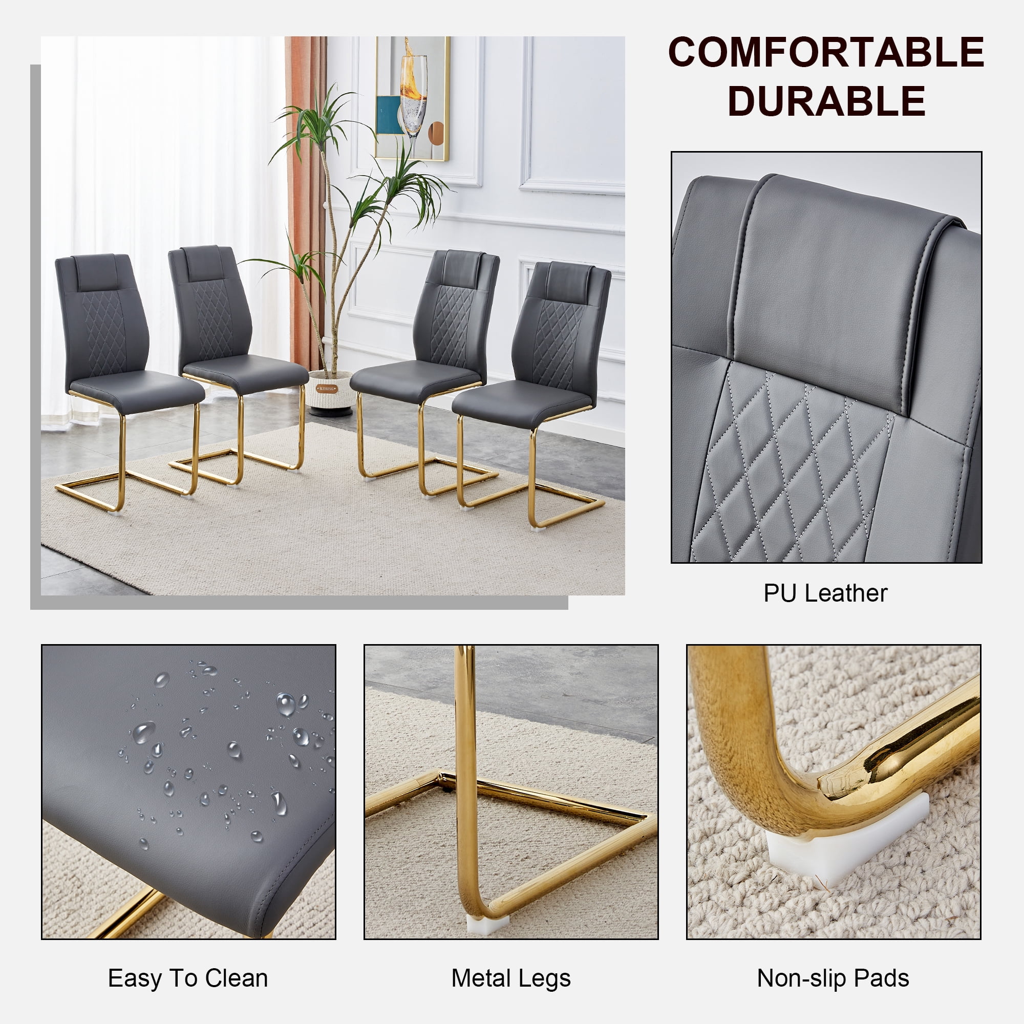 NYEESS Set of 4 Dark Gray Armless Dining Chairs with Waterproof Faux Leather Upholstered Seat Gold Electroplated Metal Frame for Kitchen Dining Room
