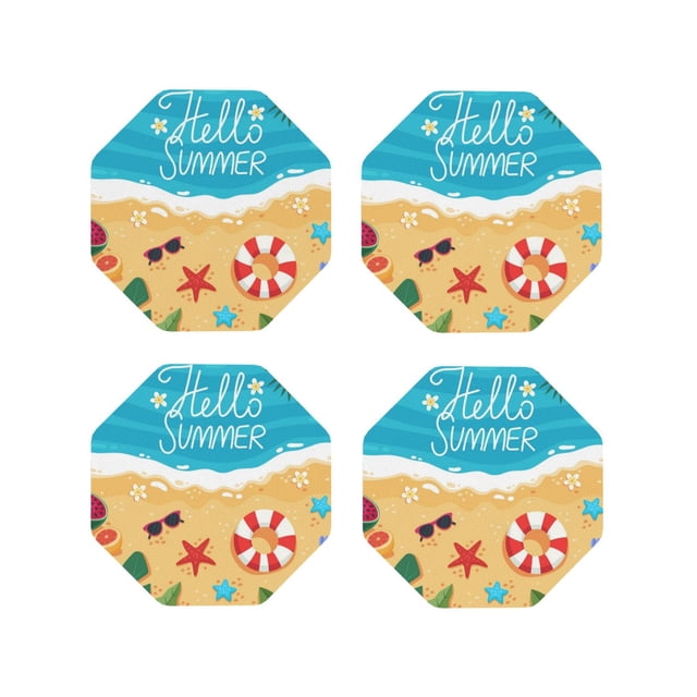 Vsdgher Hello Summer1 Print Leather Coasters for Drinks, Durable Drink Coasters 4 Set for Tabletop Protection, Luxurious Home Décor and Housewarming Gift-Octagon
