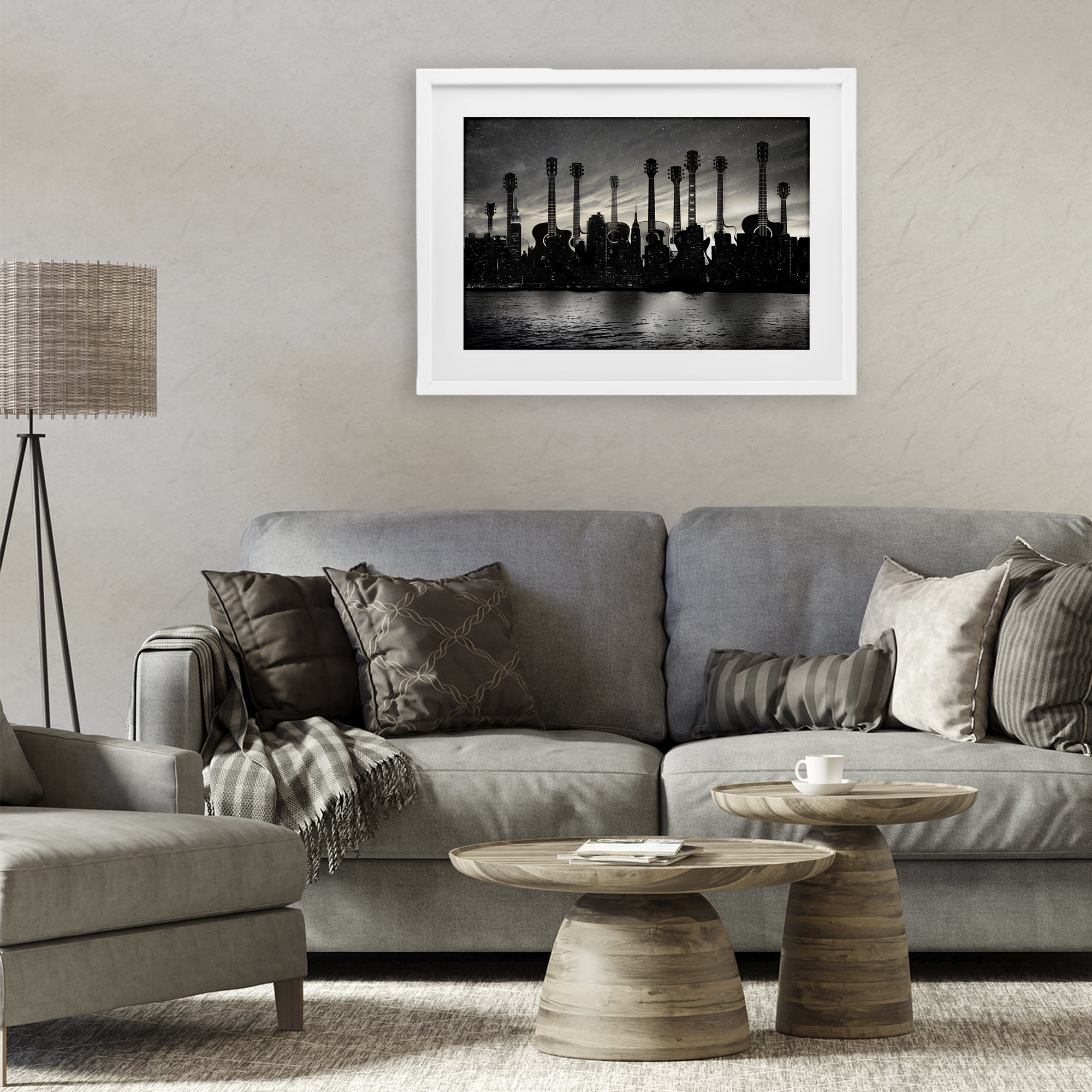 Stupell Industries Guitar Skyline Cityscape White Framed Print Under Glass, design by CAD Designs