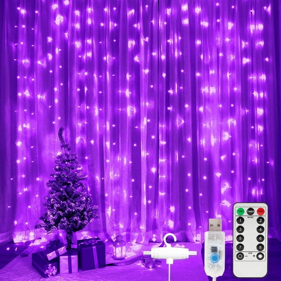 Morttic 300 LEDs Curtain String Light, 9.8FT x 9.8FT 8 Lighting Modes Fairy Window String Lights Wedding Party Home Garden Bedroom Outdoor Indoor Wall Decorations (Purple)