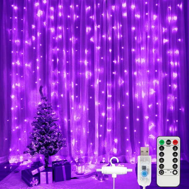 Cadena de luces para cortina de 300 LED, 9.8 pies x 9.8 pies, 8 modos de iluminación, cadena de luces para ventana, boda, fiesta, hogar, jardín, dormitorio, decoración de pared interior al aire libre (púrpura) ER