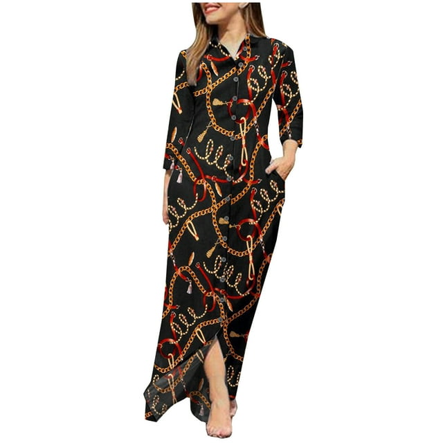 Chemises à Manches Longues pour Femmes Robe Maxi Vintage Imprimé Col Rabattu Robe Longue Boutonnée Robe Décontractée avec Poches