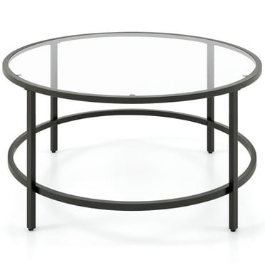 Spaco 36 Inch Round Coffee Table with Tempered Glass Tabletop-Black, Modern Coffee Table for Living Room Office Reception