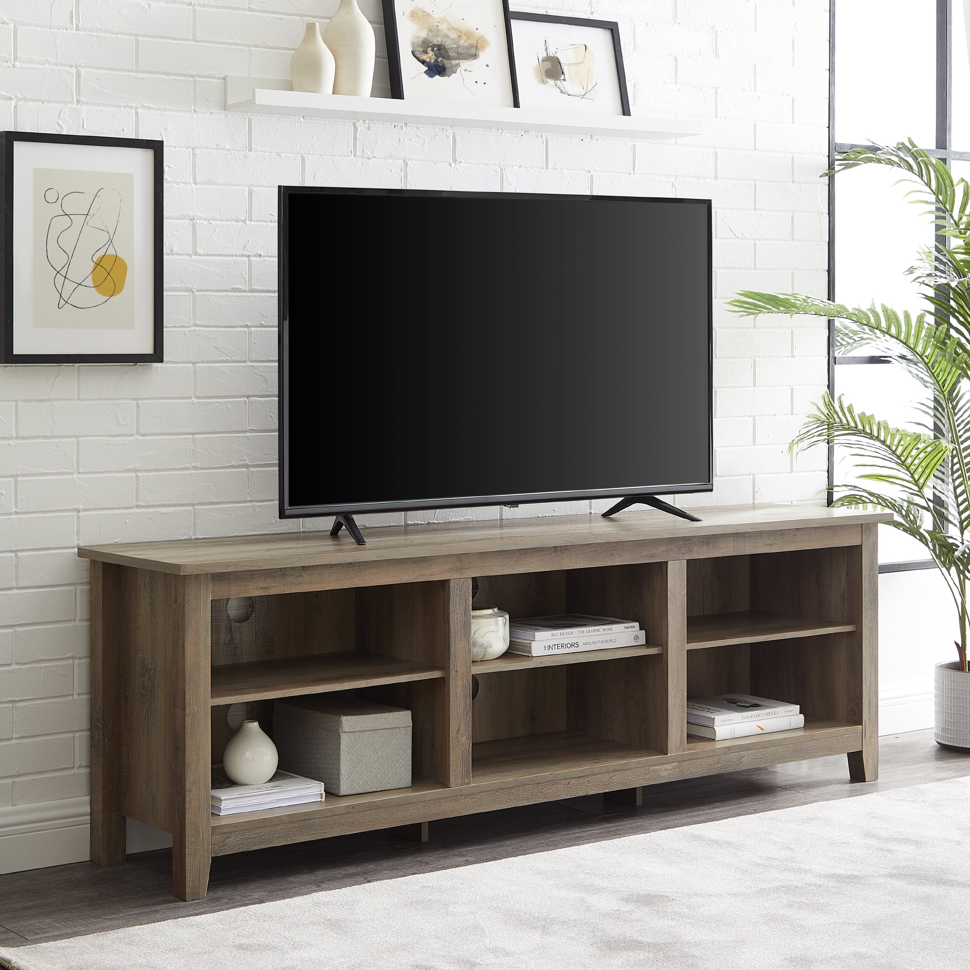 Woven Paths Open Storage TV Stand for TVs up to 80", Grey Wash