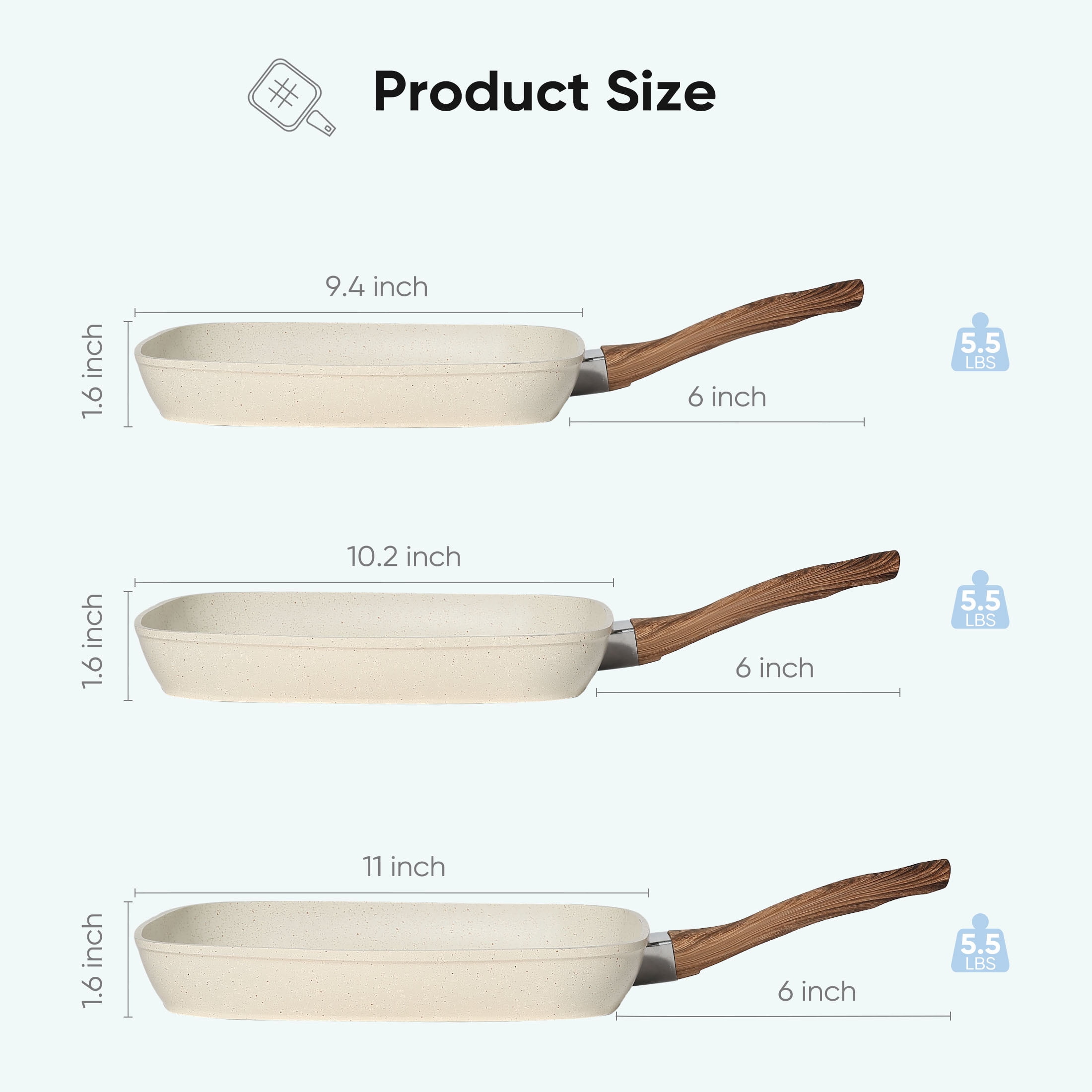 EDX 3 Piece Nonstick Grill Pans, Square Frying Pans Set with Stay Cool Handle ,for Indoor Outdoor RV Camping Cooking, Beige