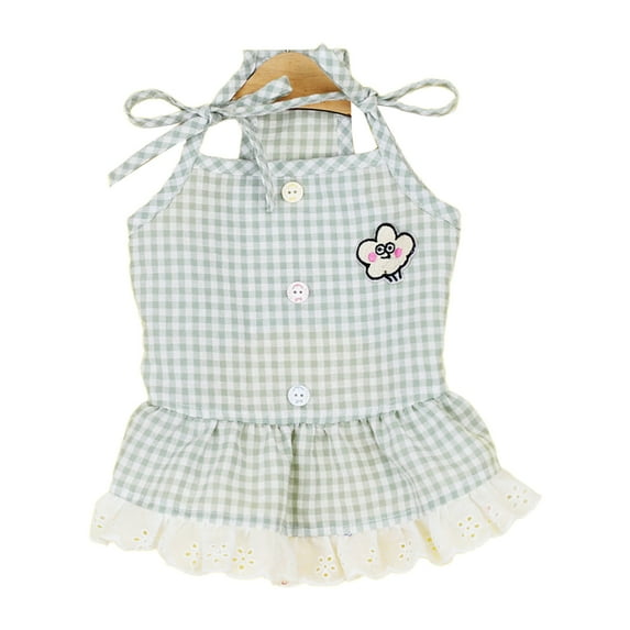 Spring Summer Pet Dress - Lace Hem - Checkered Pattern - Button Decor - Cartoon Embroidered - Lace-up Design - Puppy Sling Skirt - Cute Pet Suspenders Dress