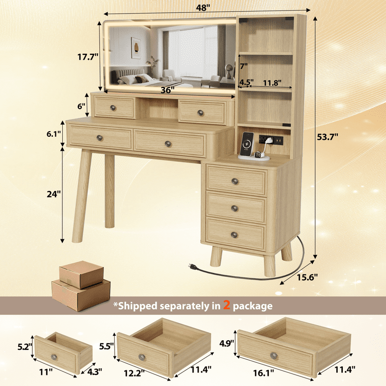 Lacoo 48'' Makeup Vanity Desk with Large 36'' Mirror & Lights, Vanity Set with Charging Station & Storage Drawers, Modern Vanity Table for Bedroom, Oak(2 Pack)