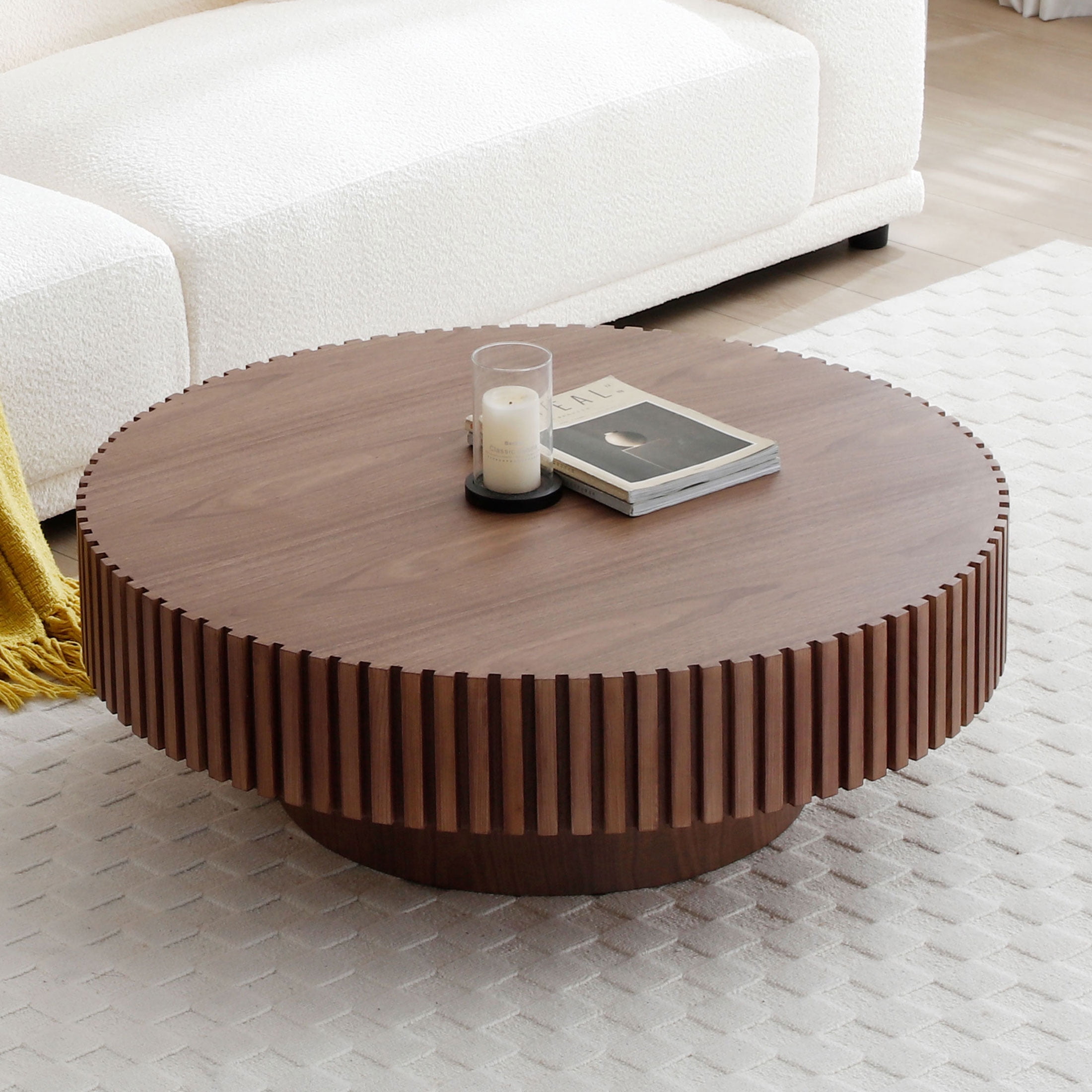 Kevinplus 31.5 inch  Round Coffee Table with Sturdy Pedestal for Apartment, Living Room, Walnut