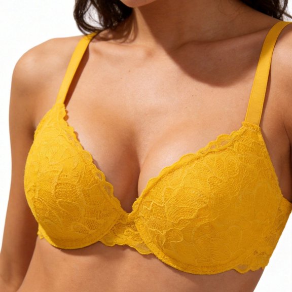 Lace Push Up Bra For Lift And Support With Side Coverage And Elegant Design For Daily Wear, 85C, Yellow