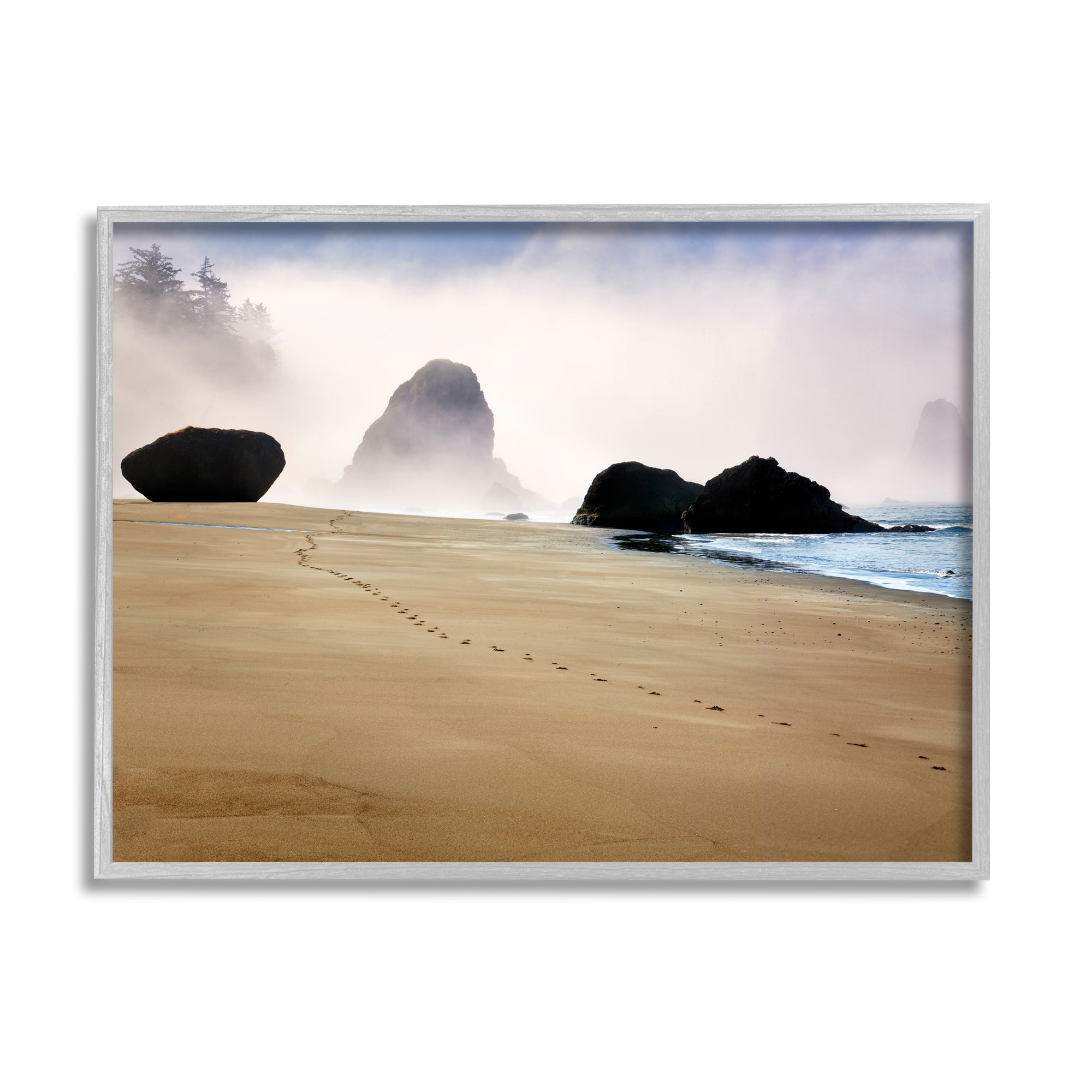 Stupell Industries Beach Sand Footprints Foggy Cliffs Coastal Photography Gray Framed Art Print Wall Art