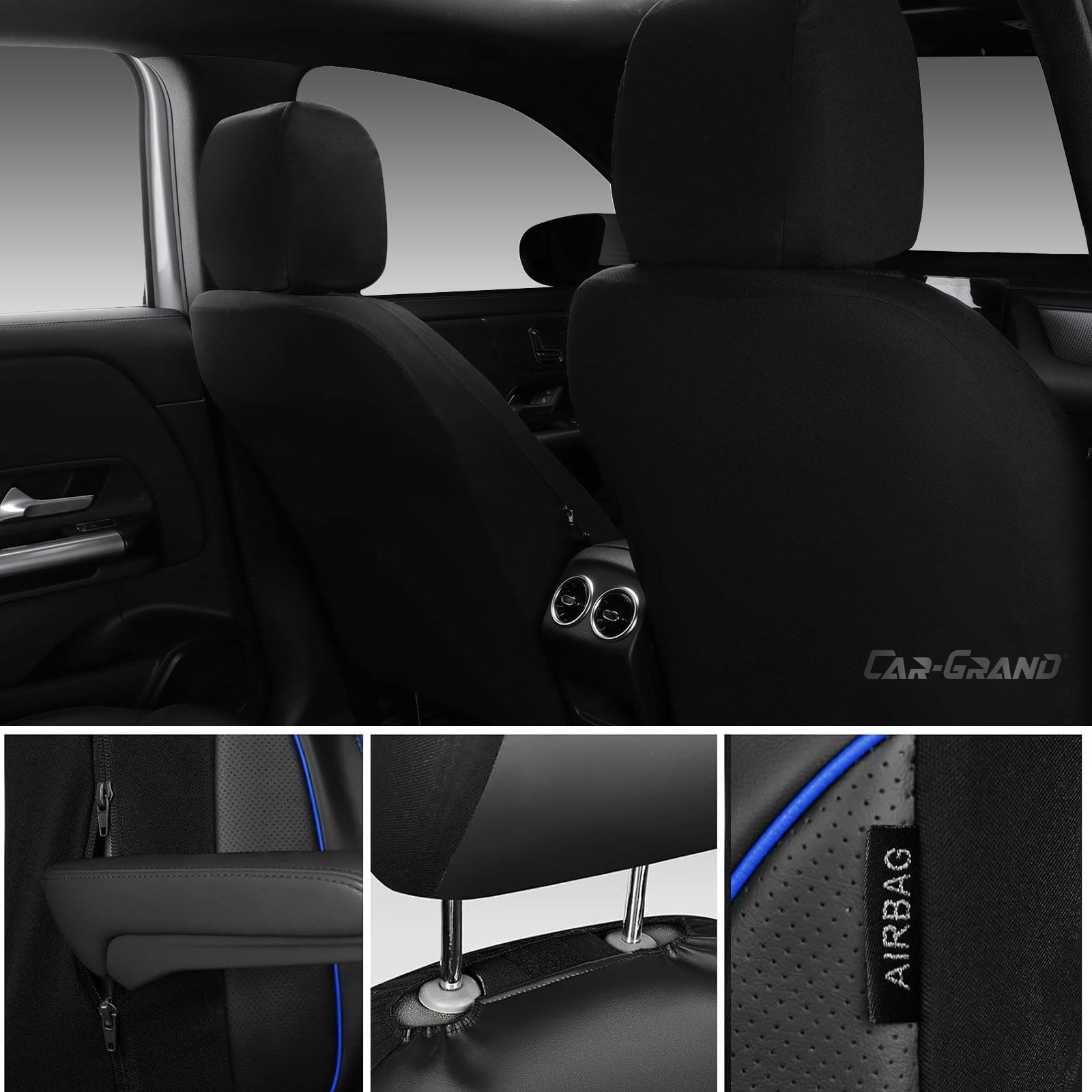 CAR GRAND PU Leather Car Seat Covers, Universal Fit Front Pair for Trucks SUV Sedan Automotive Seat Protectors Armrest Airbag Compatible Waterproof 3D Foam Comfortable Faux Nappa Leather Blue  Piping