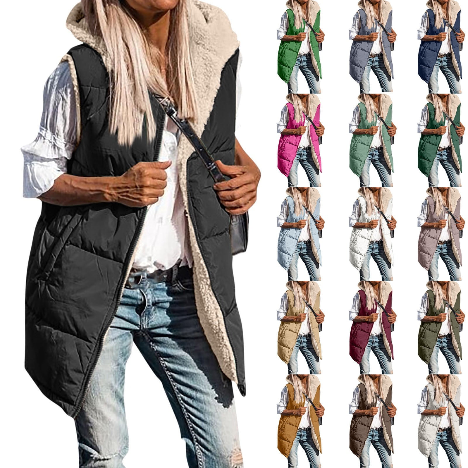 TQWQT Women's Long Quilted Vest Hooded Maxi Length Sleeveless