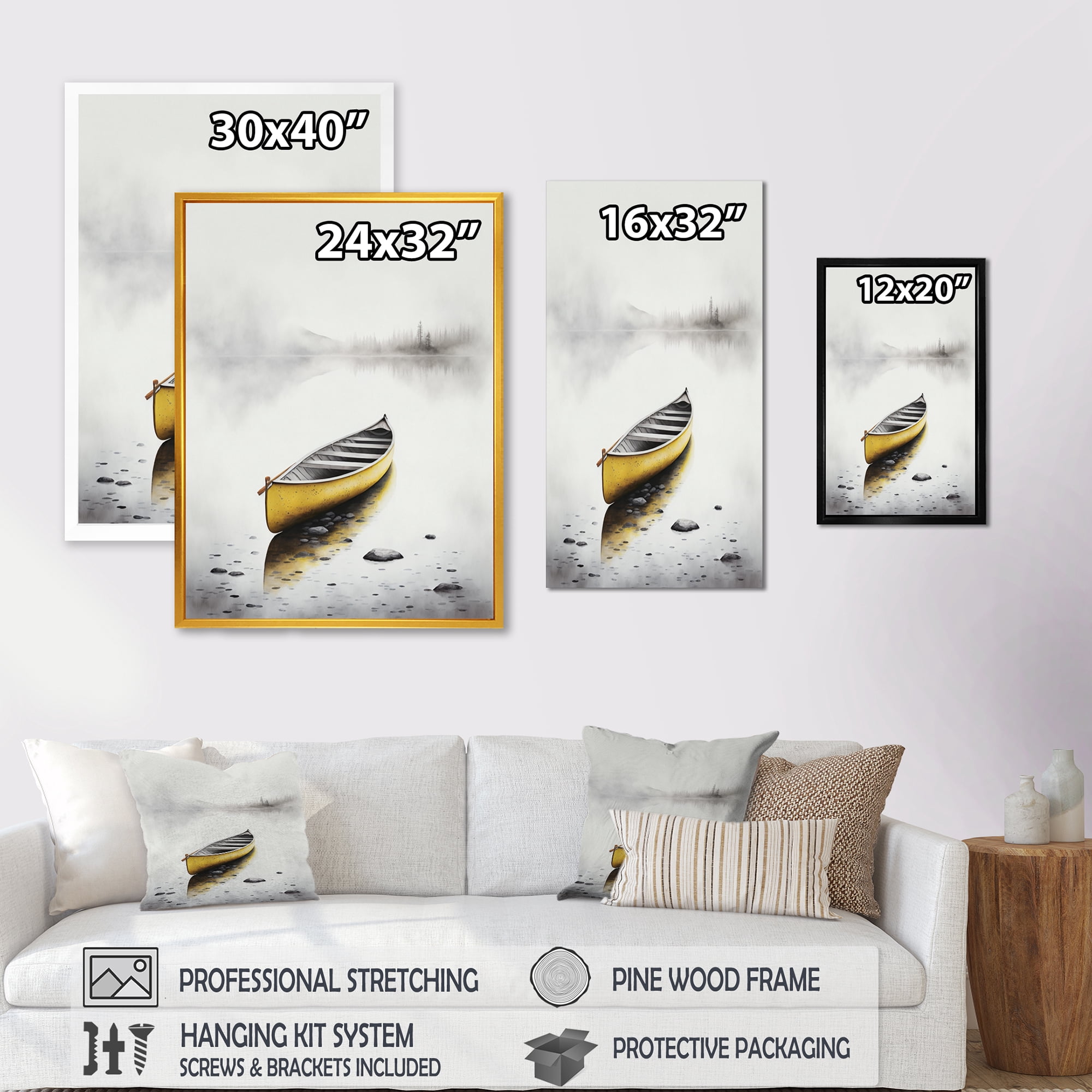 Designart Yellow Canoe On The Lake I Canvas Wall Art