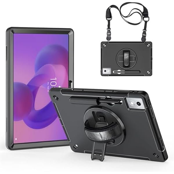 wonim11 junfire protective case for lenovo idea tab pro 12.7 inch 2025, shockproof hard idea tab pro case with 360°rotating kickstand/hand strap/shoulder strap/stylus holder-black Funda protectora negra para tablet Lenovo Idea Tab Pro 12.7" 2025 con carcasa rígida, soporte giratorio 360° circular, correa de mano acolchada, correa de hombro desmontable y porta-stylus; se muestran vista frontal de la tablet encendida y posterior con el anillo de mano desplegado. Adecuada también para transportar la tablet en viajes o presentaciones.