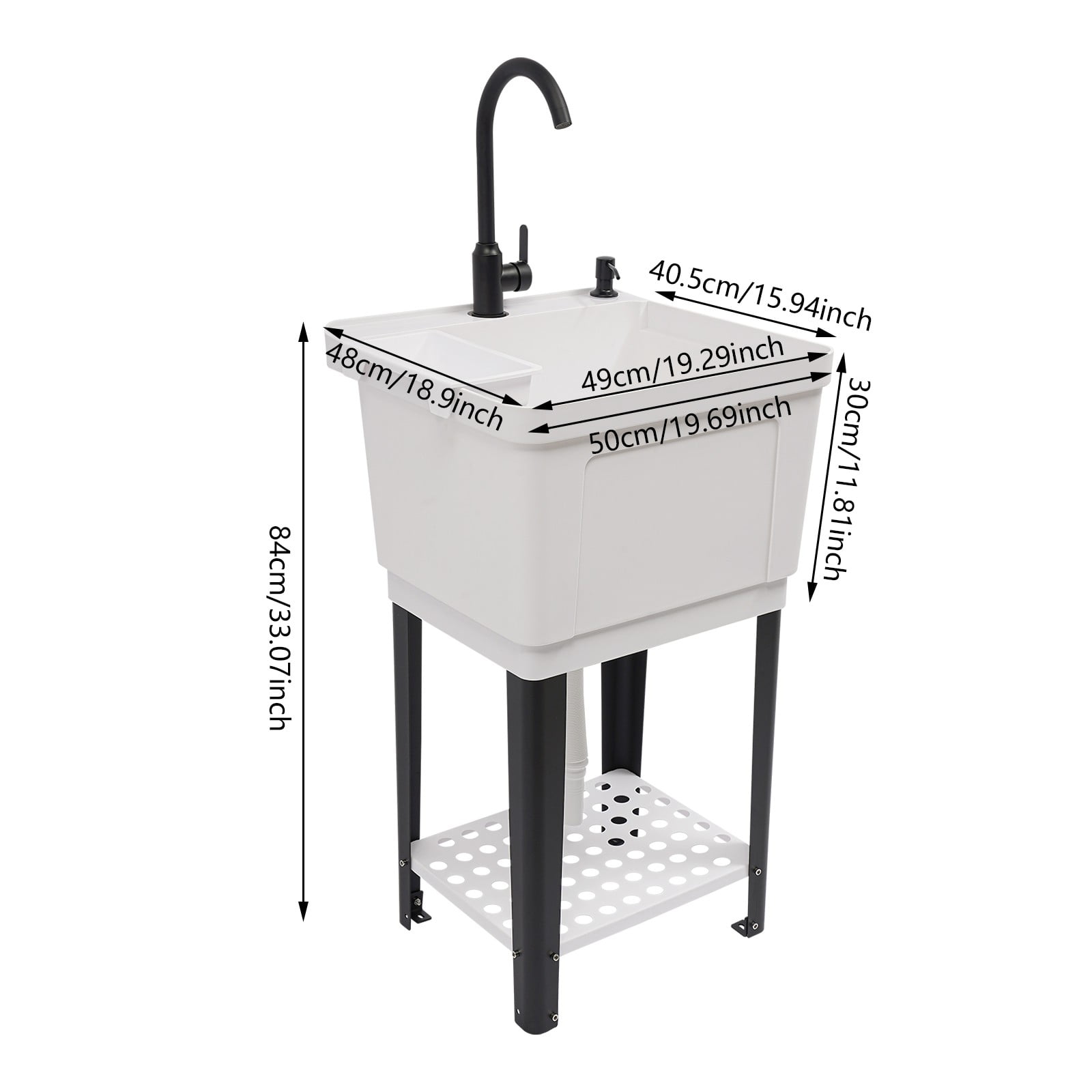 TFCFL Laundry Sink Square Utility Sink Freestanding Washing Sink with Soap Box, Faucet & Bottom Storage Rack