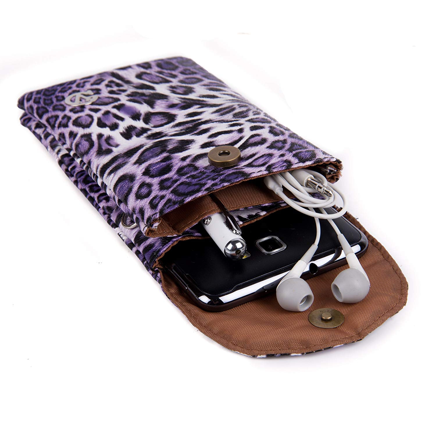 3-PACK: Universal Travel Crossbody Pouch (Purple Leopard) fits Smartphones up to 6.1-inch - Vegan Leather with Removable Shoulder Strap and Magnetic Button Closure