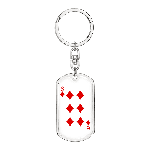 6 of Diamonds Gambler Stainless Steel or 18k Gold Premium Swivel Dog Tag Keychain