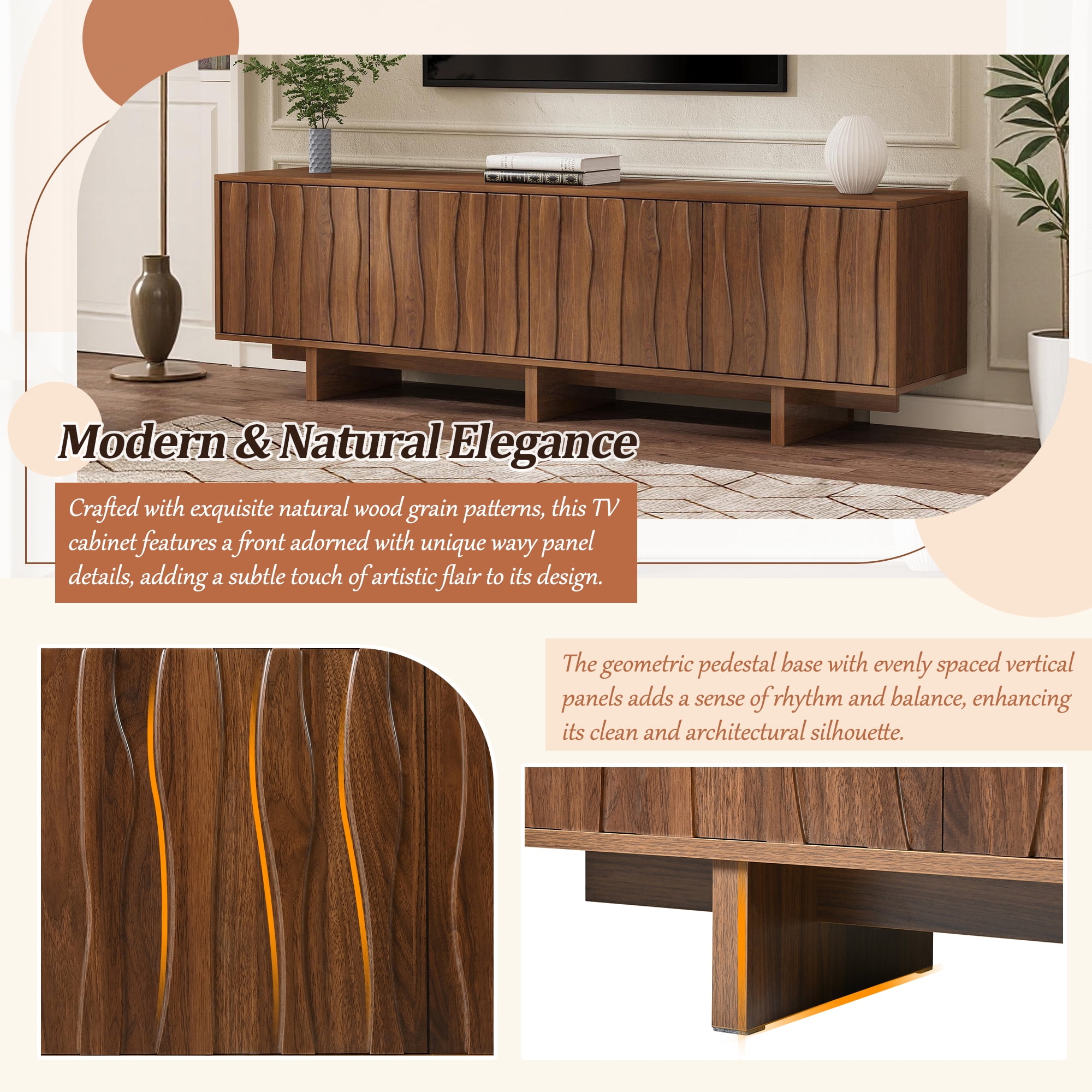 Euroco Retro Style Wood Grain TV Stand with Wavy Door Design for TVs up to 75", Rustic Media Console with Ample Storage Space, Sturdy Base TV Cabinet with Cable Management