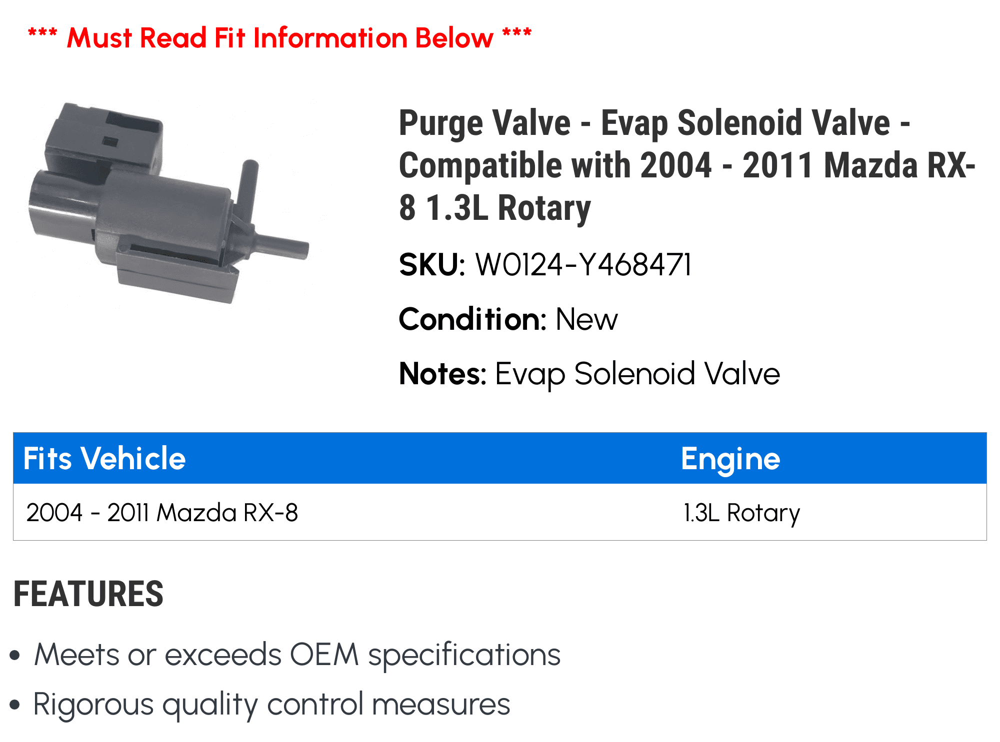 Purge Valve - Evap Solenoid Valve - Compatible with 2004 - 2011 Mazda RX-8 1.3L Rotary 2005 2006 2007 2008 2009 2010