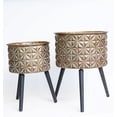 thumbnail image 1 of Set Of 2 Round Bronze Colored Patterned Metal Pots On Tripod Legs Planters, 1 of 1