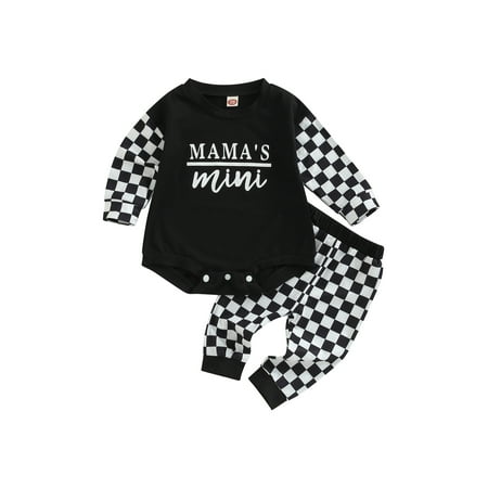 

Meihuida Newborn Baby Autumn Clothes 2Pcs Set Long Sleeve Letter Print Romper Checkerboard Pattern Long Pants