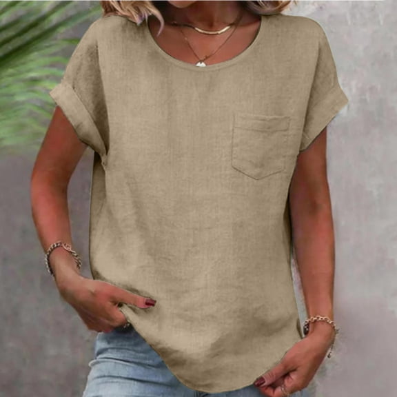 Admvng Tops For Women Trendy Round Neck Patch Pocket Solid Color Linen Short Sleeve T-Shirt Top S-2XL