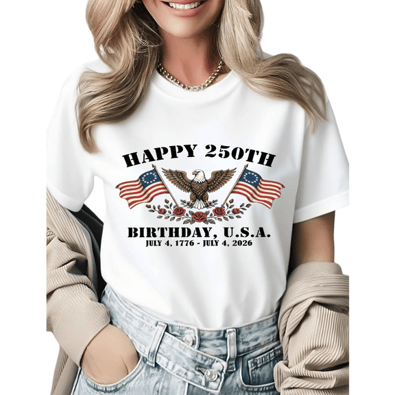 Casual Boho Happy 250th Birthday USA Patriotic Graphic Tees Womans Tshirt Black White S-5XL Tops