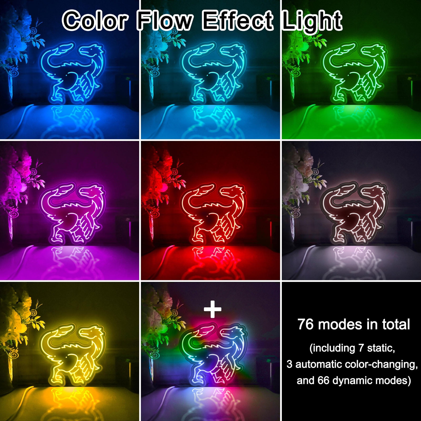 Dinosaur Led Light Box, Dimmable Neon-Like Light Signs USB Power for Wall Decor Bedroom Decoration, Color Flow Effect (WxH) 6"x6"