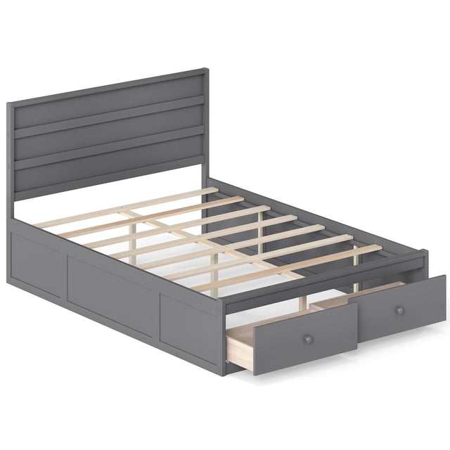 Gymax Full Size Bed Frame w/Storage Drawers Headboard Wooden Slat Support Gray