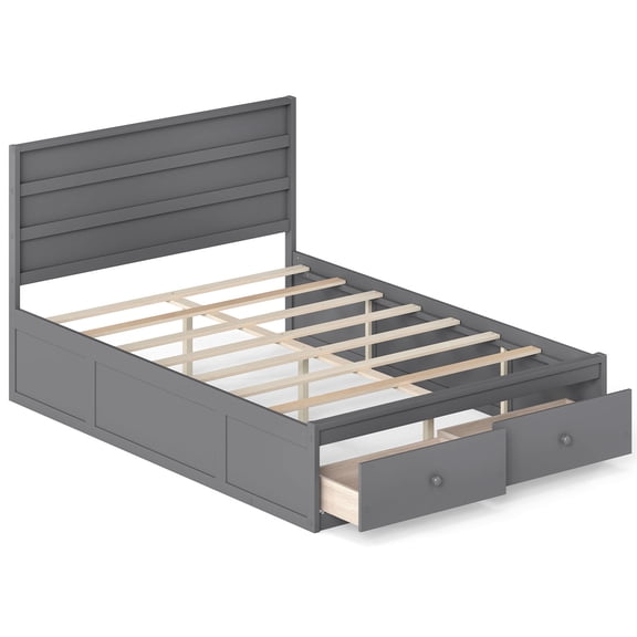 Gymax Full Size Bed Frame w/Storage Drawers Headboard Wooden Slat Support Gray