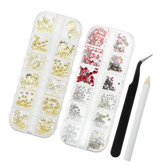 Vocoste 1 Set 2 Packs of Nail Art Rhinestones Multi Shapes Nail Art Studs for Nails Kit W/ Tweezers and Pen for Nail Art