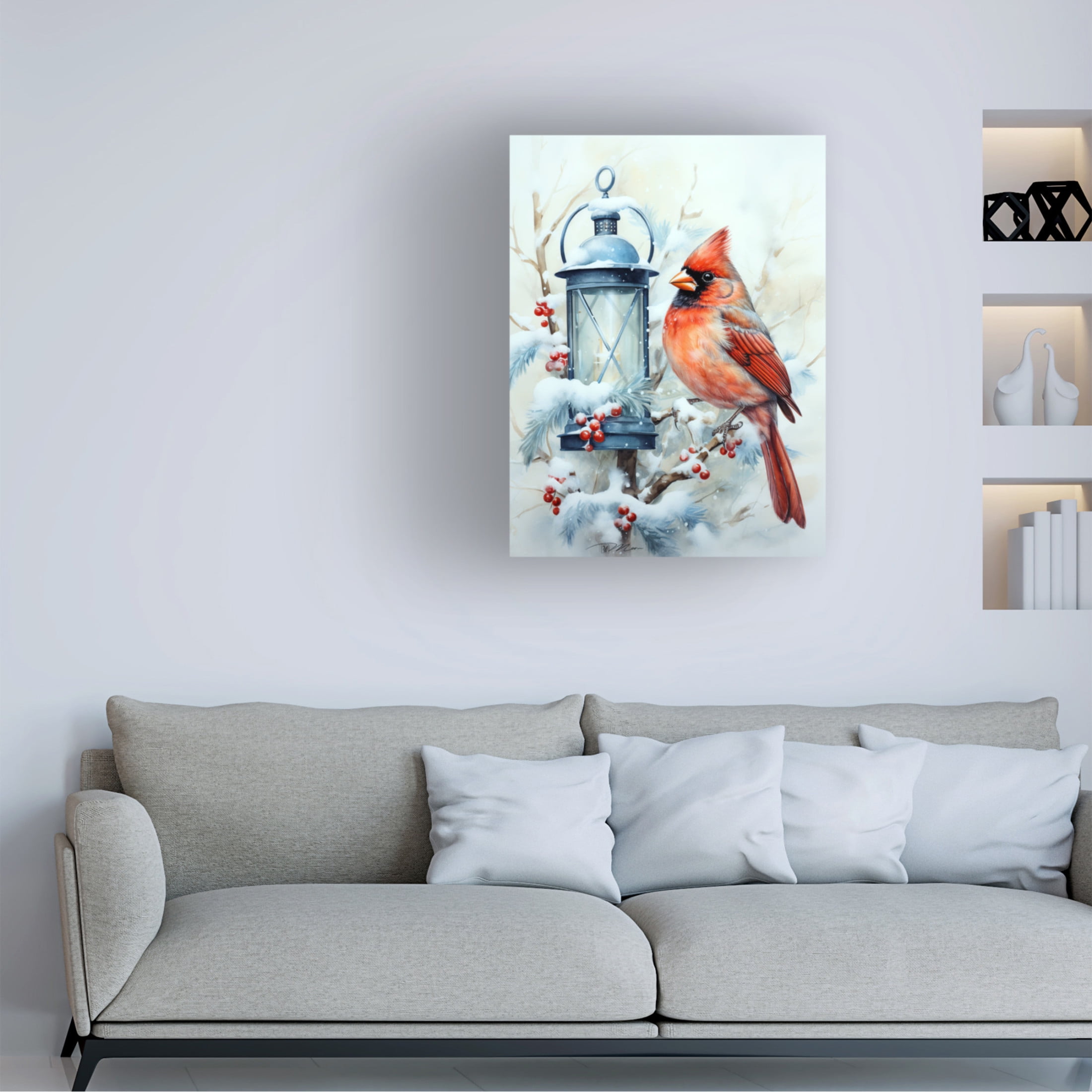 Canvas Wall Art - Momart 'Winter Lanterns With Birds 3' Wall Art for Living Room, Bedroom, or Office Décor by Trademark Fine Art - 35 x 47 Inches