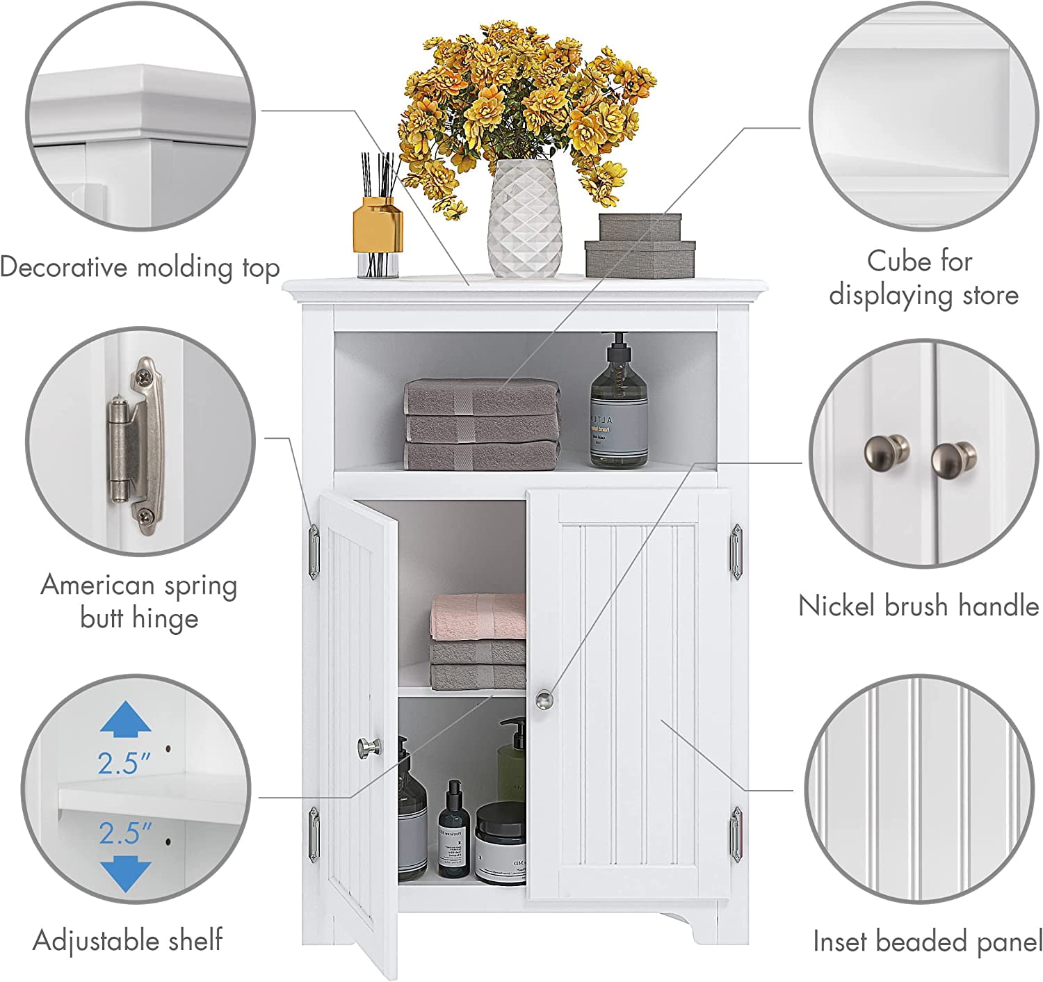 UTEX Corner Storage Cabinet, Bathroom Floor Corner Cabinet with Doors and Shelves,Free Standing Storage Cabinet for Bathroom, Kitchen, Living Room, White