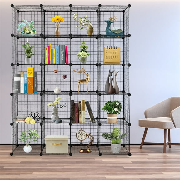 20-Cube Storage Organizer, DIY Modular Wire Grid Bookshelf, Closet Shelves Unit for Home Office, Toy Organizer & Bookcase, Black (14" Cubes)