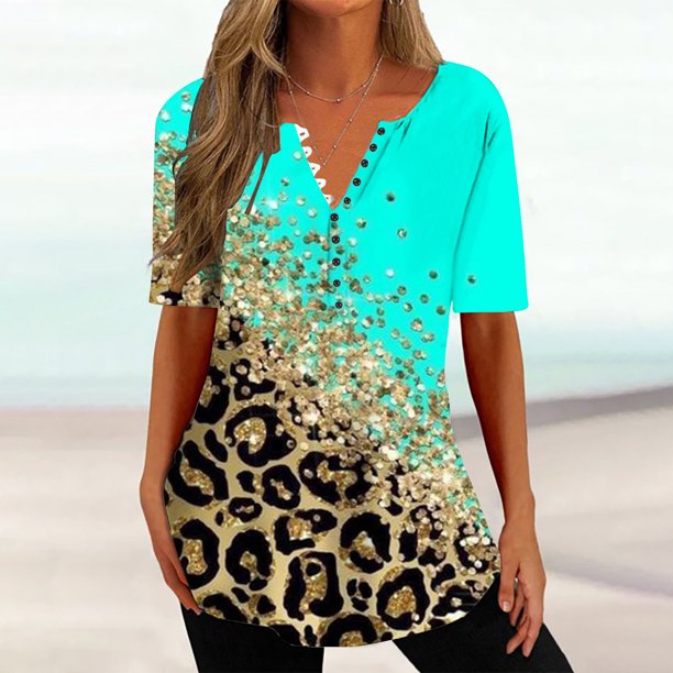 ICHUANYI Clearance Women's Fashion Comfortable Casual Round Neck Color Button Blouse(Green, S) ICHUANYI WER2023080805612