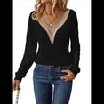 thumbnail image 3 of Suéteres de Larga para Mujer, de Otoño, con Encaje, Cuello en V, de Punto, Hombros Caídos, Jerseys, Tops. Negro XL, 3 of 9