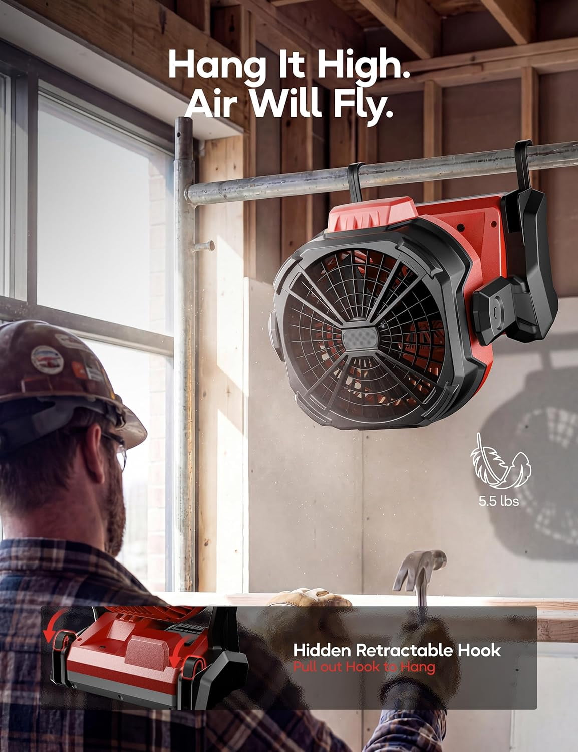 Battery Operated Fan, for Milwaukee M18 18V Battery, Camping Fan Cordless, Option for Corded, with LED Lights, Variable Speed, Hook for Hanging, for Jobsite, Red(Bare Tool Only)