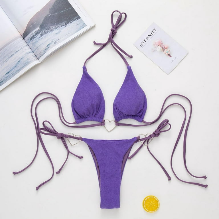 Penkiiy Women's Split Solid Bikini Swimsuit Two-piece Swimsuit Bikinis for  Teens M Purple 2023 Summer Deal