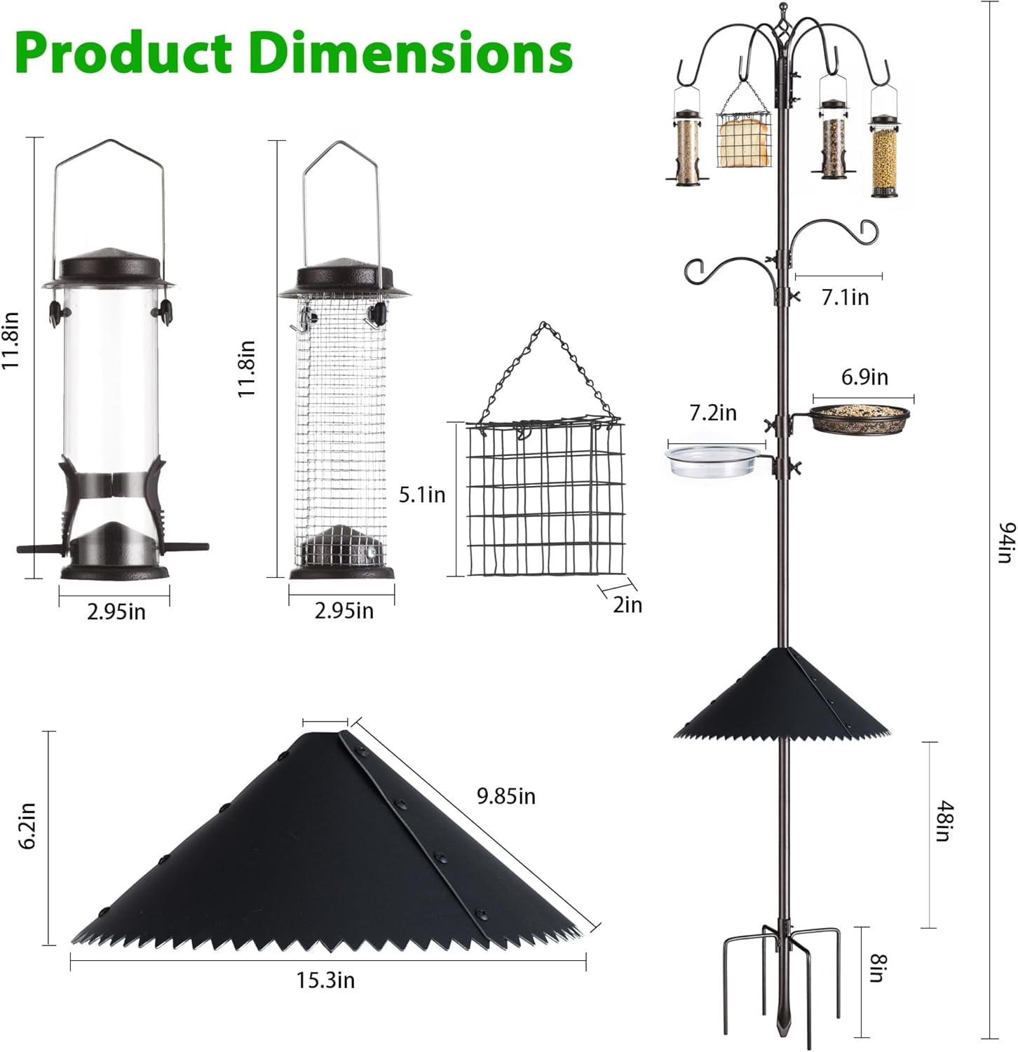 Bird Feeding Station Kit, Adjustable Birds Feeder Stand Pole with 6-Hook, Bird Bath and Mesh Tray, Curved Squirrel Baffle