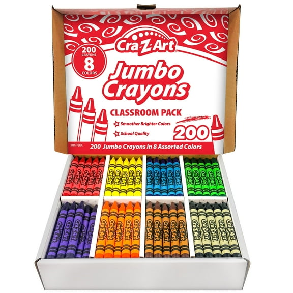 Cra-Z-Art: Classroom Pack: Jumbo Crayons - 200 Pieces - 8 Assorted Bright Colors, Bulk Set, Non-Toxic, Teachers School Art Supplies, Back to School