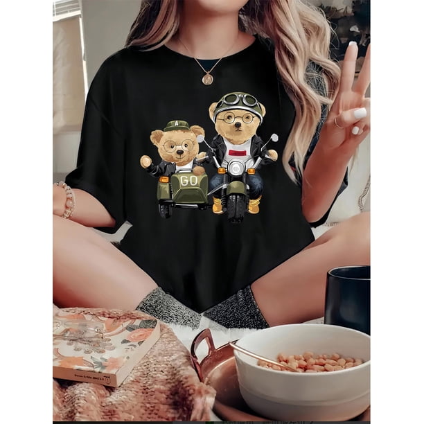 Camiseta para mujer con Cuello de verano1pc Women'S Casual Crew Neck T-Shirt with Fun Glasses Bears Motorcycle Print, Polyester Knit Fabric, Medium Stretch, Animal Pattern, All-Season Fashion TopFat