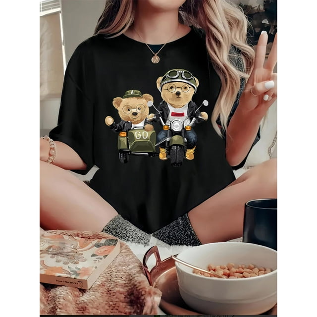 1pc Women'S Casual Crew Neck T-Shirt with Fun Glasses Bears Motorcycle Print, Polyester Knit Fabric, Medium Stretch, Animal Pattern, All-Season Fashion Top