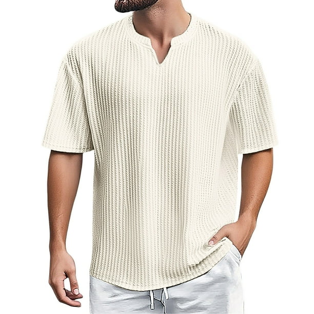 Camiseta de manga corta con cuello en V para hombre - Color liso a rayas, corte holgado, poliéster, tallas M-XXXXL