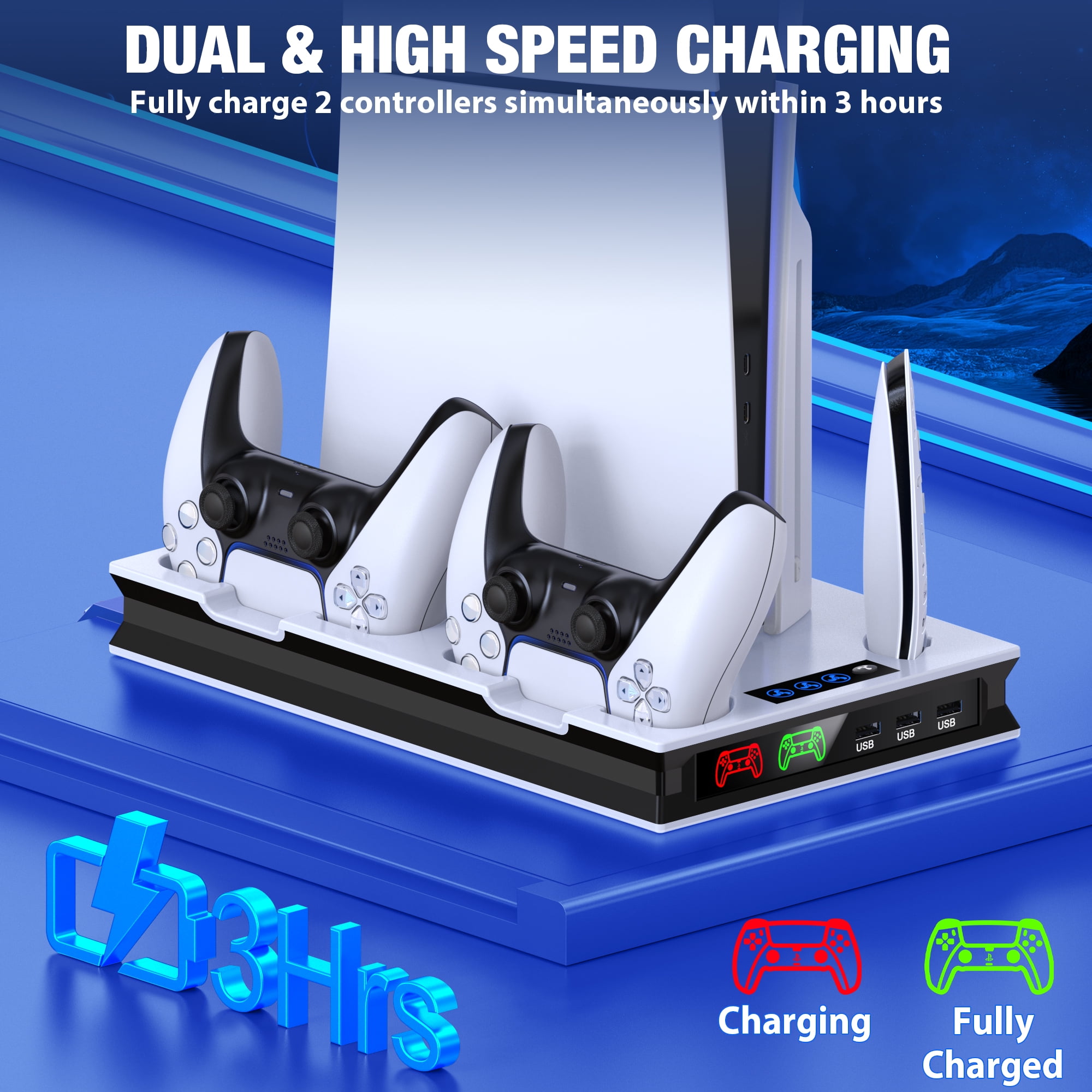 Daenfyy PS5 Stand for PS5/PS5 Slim, PS5 Cooling Station Stand with Cooling Fan, Dual Controller Charger, Headset Holder, 3 Charger Port