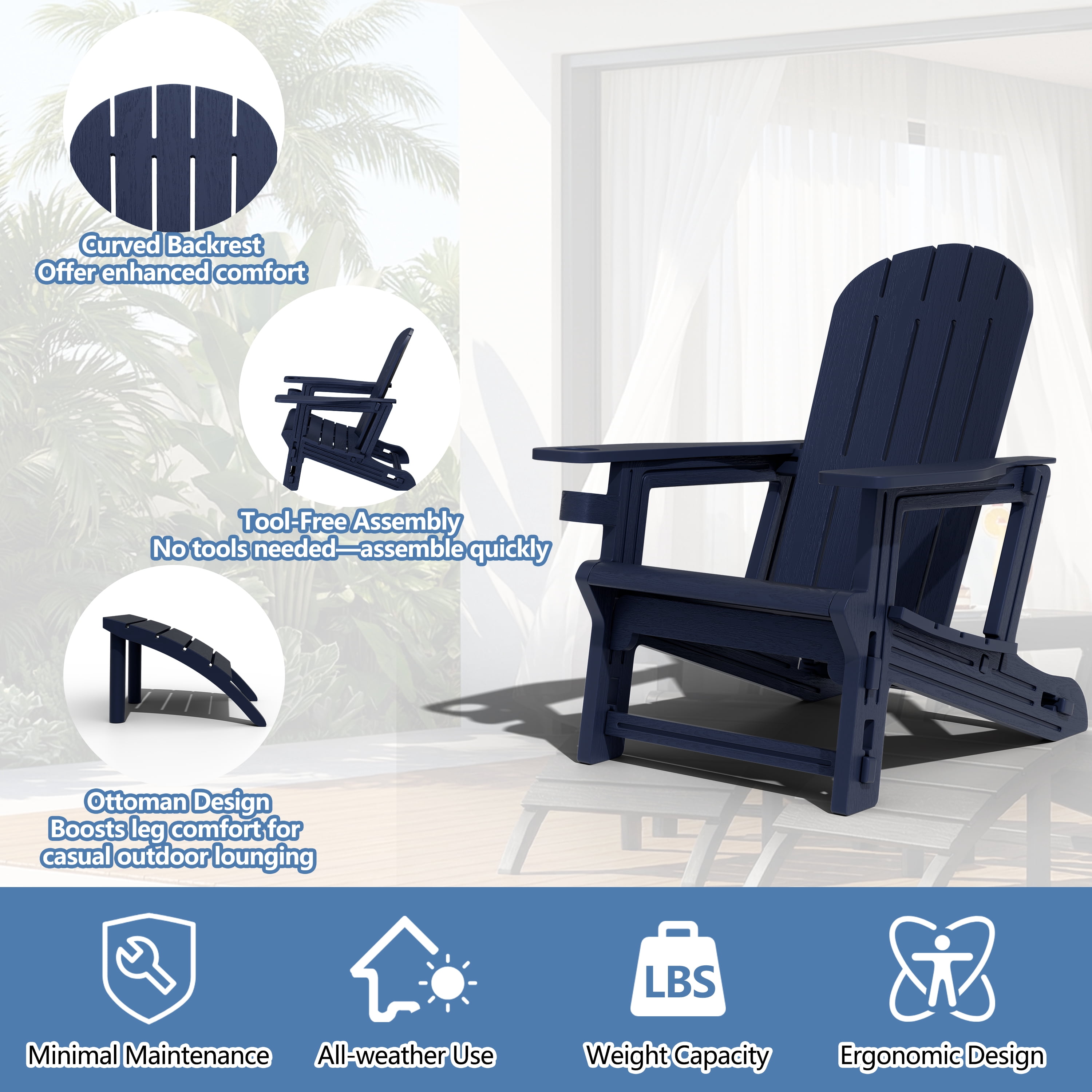 Walsunny Adirondack Chairs Set of 2 HDPE Outdoor Chair Set with Connecting Tray Cup Holder Removable Tabletop Pull-Out Footrest,All-Weather HDPE Outdoor Chair Set,Dark Blue
