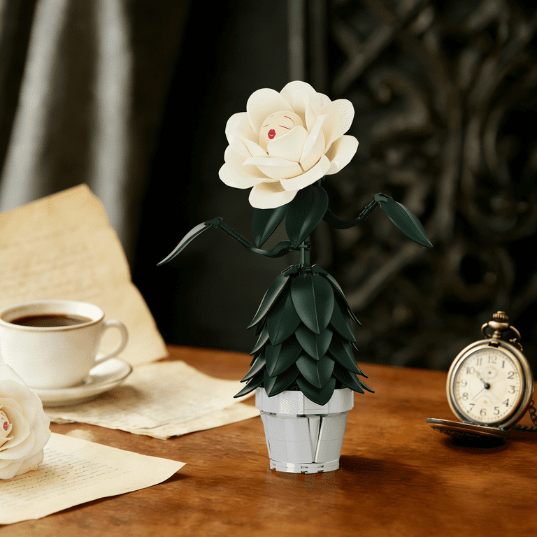Wonderland Flower Building Block Sets, Ivory White Rose Flower