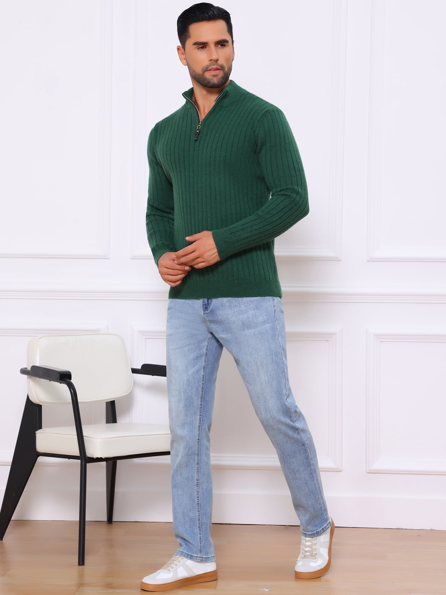 DARING DIVA Men's Casual Pullover Knitted Mock Neck Polo Sweater S Green