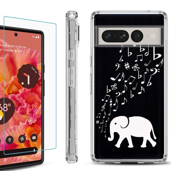 Shockproof Bumper Phone Case for Google Pixel 7 Pro, with Tempered Glass Screen Protector, by OneToughShield ® - Elephant Music